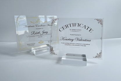 Personalized Clear Award Certificate Award Plaque - Company Anniversary Awards Ceremony, Custom Glass Trophy