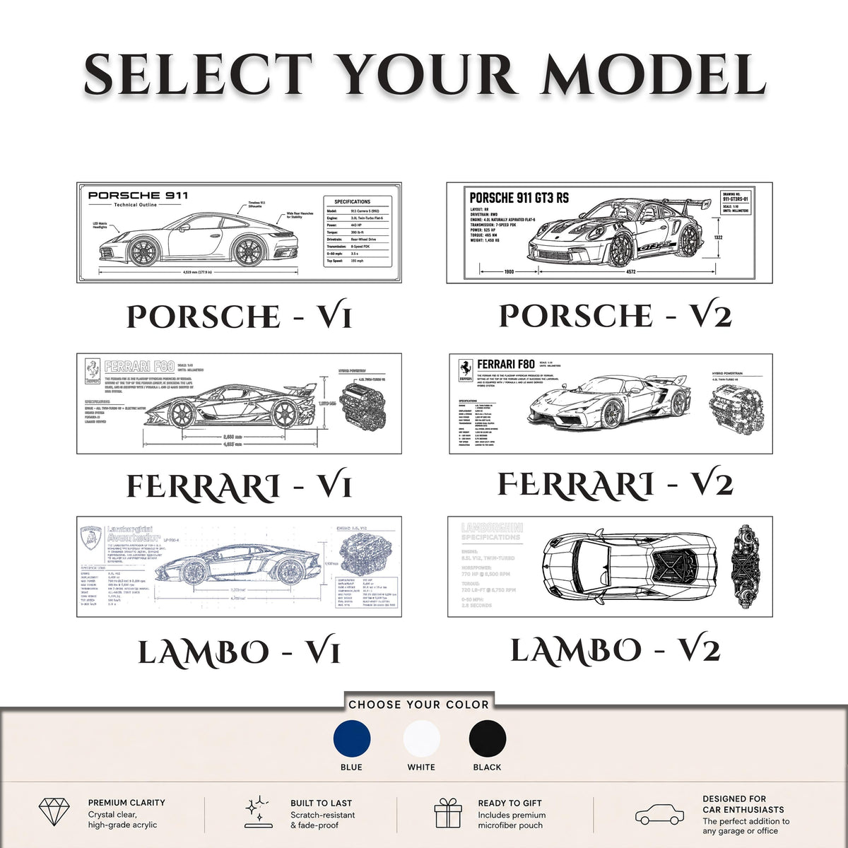 Car Blueprint Acrylic Block, Engraved Sports Car Desk Decor, Gift for Him Car Lover, Supercar Technical Drawing, Garage & Office Display